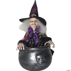 14" Bouncing Witch In Cauldron Halloween Animated Prop