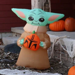 42" Blow-Up Inflatable Star Wars The Mandalorian Grogu The Child With Pumpkin & Built-In LED Lights Outdoor Yard Decoration -Halloween Decoration Series ss226677g t01